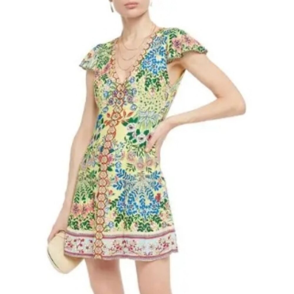 Alice + Olivia Yellow Floral V‑Neck Mini Dress